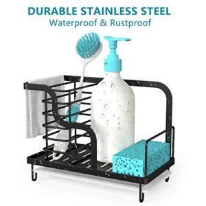 Kitchen Sink Caddy Sponge Holder 304 Stainless Steel Sink Caddy with Drip Tray for Sponge, Brushes, Soap, Dish Rag, Black