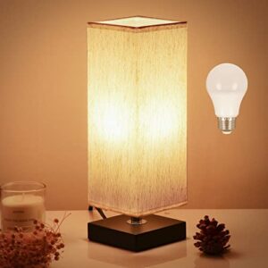 bedside table lamp – small bedroom lamps for nightstand, 3-color options solid wood lamp with fabric shade, minimalist desk reading lamps for kids room living room office dorm (led bulb included)