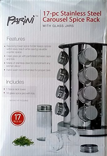 17 Pc Stainless Steel Carousel Spice Rack with Glass Jars