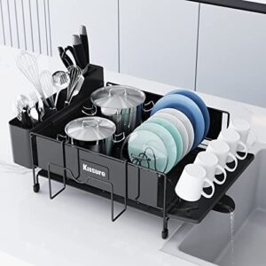 kitsure dish drying rack large – stainless steel dish rack for kitchen counter, dish drainer with drainboard connected to the sink, dish holder for cups, cutlery & cutting board, black, single-tiers