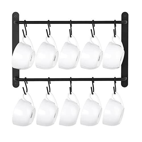 Mkono Mug Racks for Wall 2 Tier Coffee Cup Hanger Holder with 10 Mug Hooks Modern Coffee Mug Hanger Wall Mount Tea Cups Mugs Storage Display Organizer for Kitchen Dining Room Coffee Bar, Black