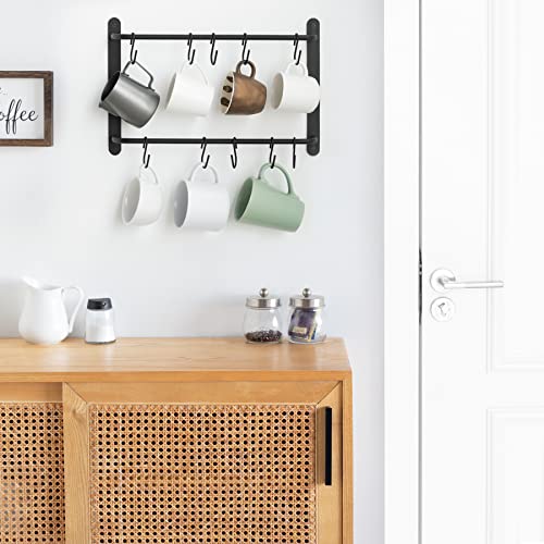 Mkono Mug Racks for Wall 2 Tier Coffee Cup Hanger Holder with 10 Mug Hooks Modern Coffee Mug Hanger Wall Mount Tea Cups Mugs Storage Display Organizer for Kitchen Dining Room Coffee Bar, Black