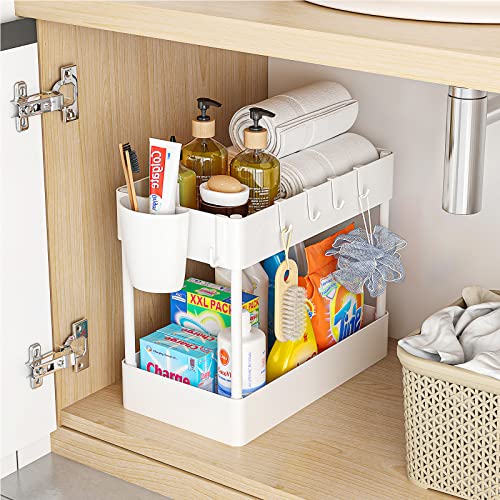 Under Sink Organizer, AIYAKA 2 Tier Storage Rack, Under Cabinet Organizer Baskets with 6 Hooks and 1 Cup for Bathroom Kitchen Pantry Bedroom, White