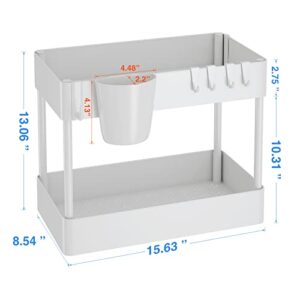 Under Sink Organizer, AIYAKA 2 Tier Storage Rack, Under Cabinet Organizer Baskets with 6 Hooks and 1 Cup for Bathroom Kitchen Pantry Bedroom, White