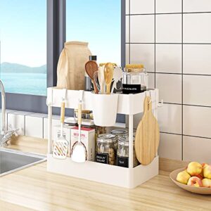 Under Sink Organizer, AIYAKA 2 Tier Storage Rack, Under Cabinet Organizer Baskets with 6 Hooks and 1 Cup for Bathroom Kitchen Pantry Bedroom, White