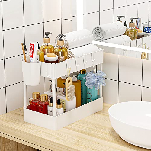 Under Sink Organizer, AIYAKA 2 Tier Storage Rack, Under Cabinet Organizer Baskets with 6 Hooks and 1 Cup for Bathroom Kitchen Pantry Bedroom, White