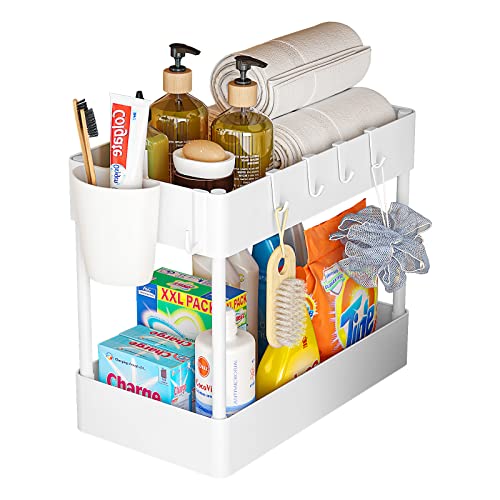 Under Sink Organizer, AIYAKA 2 Tier Storage Rack, Under Cabinet Organizer Baskets with 6 Hooks and 1 Cup for Bathroom Kitchen Pantry Bedroom, White