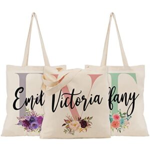 personalized wedding floral tote bags gift for bridesmaid w/initial & name – 8 design – customized canvas bag for girls – custom beach shoulder bag – maids bachelorette party bridal shower gifts c1