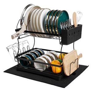 yihong kitchen large dish drying rack with drainboard, 2 tier dish racks for kitchen counter, dish drainer set with utensils holder, dish strainers with extra drying mat for pots and pans