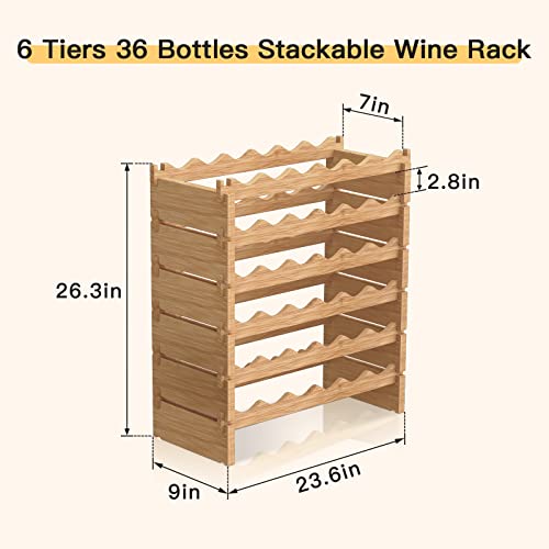 JOHAHTANG 36 Bottle Stackable Wine Rack - 6-Tier Bamboo Wine Bottle Rack for Bar, Kitchen and Cellar Wine Bottle Display Rack