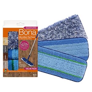 bona microfiber pad 3-pack includes dusting, cleaning, and deep cleaning pad, for hardwood and multi-surface floors, fits bona family of mops