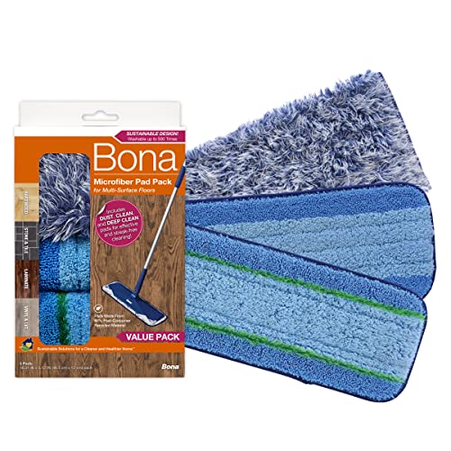 Bona Microfiber Pad 3-Pack includes Dusting, Cleaning, and Deep Cleaning Pad, for Hardwood and Multi-Surface Floors, fits Bona Family of Mops