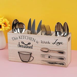 CBEYNCHOS Wooden Utensil Holder Cutlery Caddy,Flatware Organizers in Rustic Wood for Forks Spoons Knives Cooking Tools,Kitchen Table Decor for Party Bar Hotel and Home use