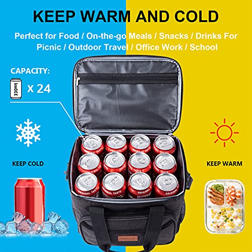 TOMULE Insulated Lunch Bag for Men Women - 24-Can Large Leakproof Lunch Box - Easy Clean Reusable Cooler Bag - Soft Lunch Kits with Shoulder Strap (15L, Black)