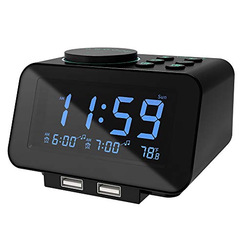 uscce Digital Alarm Clock Radio - 0-100% Dimmer, Dual Alarm with Weekday/Weekend Mode, 6 Sounds Adjustable Volume, FM Radio w/ Sleep Timer, Snooze, 2 USB Charging Ports, Thermometer, Battery Backup