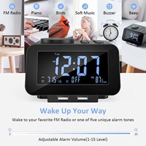 uscce Digital Alarm Clock Radio - 0-100% Dimmer, Dual Alarm with Weekday/Weekend Mode, 6 Sounds Adjustable Volume, FM Radio w/ Sleep Timer, Snooze, 2 USB Charging Ports, Thermometer, Battery Backup