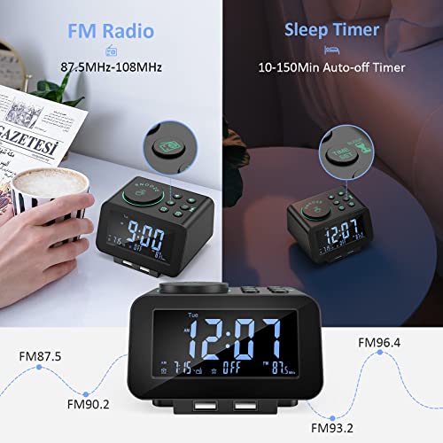 uscce Digital Alarm Clock Radio - 0-100% Dimmer, Dual Alarm with Weekday/Weekend Mode, 6 Sounds Adjustable Volume, FM Radio w/ Sleep Timer, Snooze, 2 USB Charging Ports, Thermometer, Battery Backup