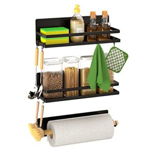 strong magnetic large shelf spice rack magnetic paper towel holder with hooks for refrigerator fridge organizer for kitchen, space saver container for kitchen apartment, drill free, black