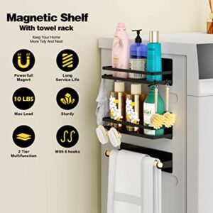 Strong Magnetic Large Shelf Spice Rack Magnetic Paper Towel Holder with Hooks for Refrigerator Fridge Organizer for Kitchen, Space Saver Container for Kitchen Apartment, Drill Free, Black