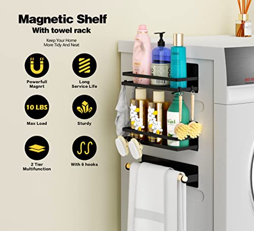 Strong Magnetic Large Shelf Spice Rack Magnetic Paper Towel Holder with Hooks for Refrigerator Fridge Organizer for Kitchen, Space Saver Container for Kitchen Apartment, Drill Free, Black