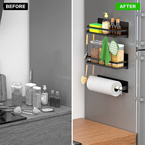 Strong Magnetic Large Shelf Spice Rack Magnetic Paper Towel Holder with Hooks for Refrigerator Fridge Organizer for Kitchen, Space Saver Container for Kitchen Apartment, Drill Free, Black