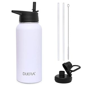 DUIERA 32oz Insulated Water Bottle Vacuum Stainless Steel Water Bottle with Straw & Leak Proof Spout Lids, BPA Free, Keep Beverage Cold or Hot - White