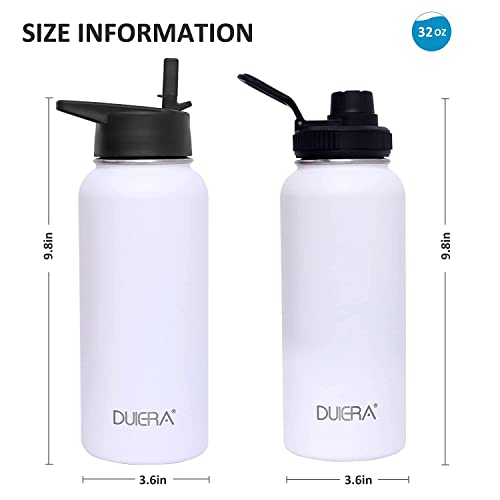DUIERA 32oz Insulated Water Bottle Vacuum Stainless Steel Water Bottle with Straw & Leak Proof Spout Lids, BPA Free, Keep Beverage Cold or Hot - White