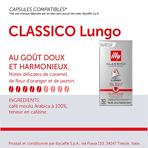illy Lungo Classico Coffee, Classic Roast (Medium Roast) (100-Count single serve capsules, compatible with Nespresso Original Line System coffee machines)