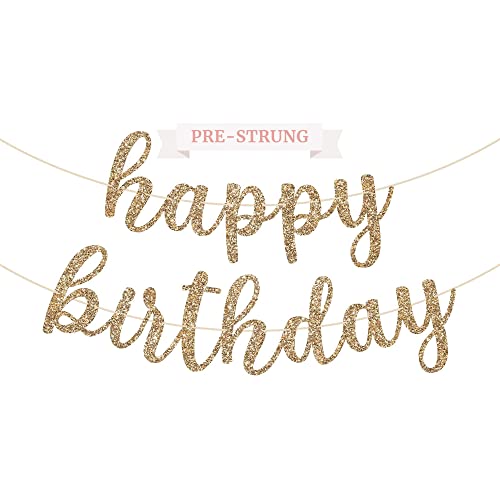 Pre-Strung Happy Birthday Banner - NO DIY - Gold Glitter Birthday Party Banner in Script - Pre-Strung Garland on 6 ft Strands - Gold Birthday Party Decorations & Decor. Did we mention no DIY?