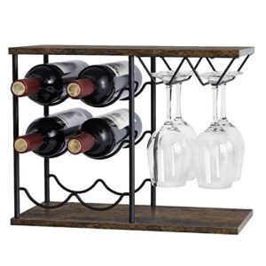 ybing wine rack countertop wine holder stand for 6 wine bottles and 4 glasses tabletop small wine holder wooden wine bottle organizer for kitchen, bar, wine cellar, cabinet (brown)