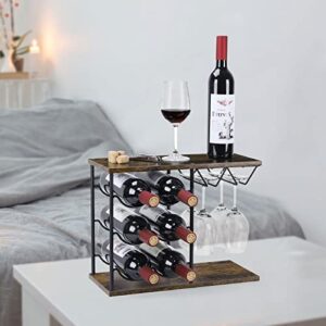 YBING Wine Rack Countertop Wine Holder Stand for 6 Wine Bottles and 4 Glasses Tabletop Small Wine Holder Wooden Wine Bottle Organizer for Kitchen, Bar, Wine Cellar, Cabinet (Brown)