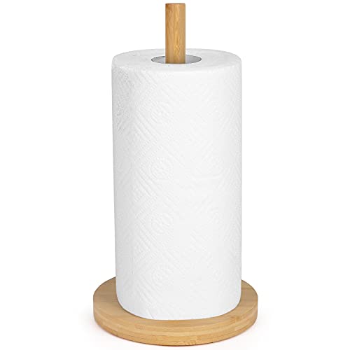 E-ROOM TREND Paper Towel Holder Bamboo Thicken Base Paper Towel Dispenser Kitchen Steady Bathroom Towel Roll Stand Organizer Wooden Paper Roll Holder for Countertop Table Cabinet(A074)