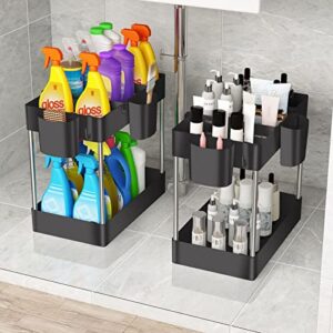 [ 2 pack ] under sink organizers and storage, 2 tier bathroom organizer under sink shelf with 4 removable dividers , kitchen cabinet storage caddy bath counter basket with hooks dividers hanging cups