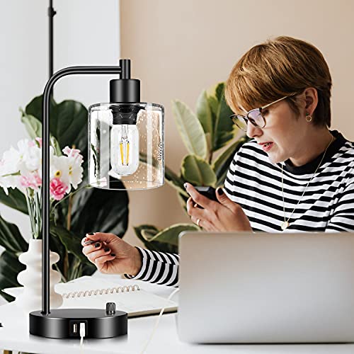 Set of 2 Industrial Table Lamps with 2 USB Port, Fully Stepless Dimmable Lamps for bedrooms, Bedside Nightstand Desk Lamps with Seeded Glass Shade for Reading Living Room Office 2 LED Bulb Included