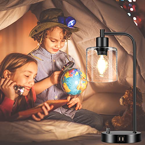 Set of 2 Industrial Table Lamps with 2 USB Port, Fully Stepless Dimmable Lamps for bedrooms, Bedside Nightstand Desk Lamps with Seeded Glass Shade for Reading Living Room Office 2 LED Bulb Included