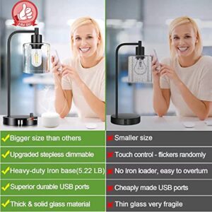 Set of 2 Industrial Table Lamps with 2 USB Port, Fully Stepless Dimmable Lamps for bedrooms, Bedside Nightstand Desk Lamps with Seeded Glass Shade for Reading Living Room Office 2 LED Bulb Included