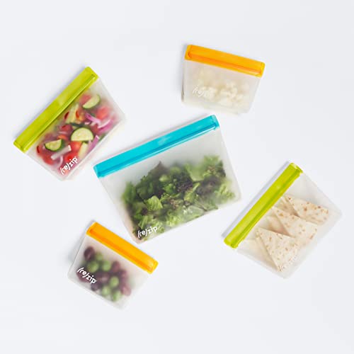 rezip 5-Piece Stand-Up Reusable BPA-Free Food Grade Storage Bag Pack n' Go Kit, Leakproof, Freezer Safe, Dishwasher Safe, Travel Friendly, (1) Quart (4-Cup/32-Ounce), (2) 2-Cup (16-Ounce), (2) Snack (1-Cup/8-Ounce), (Multicolor)