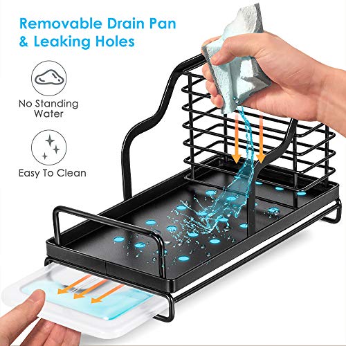 Nieifi Sink Caddy Organizer Sponge Soap Brush Holder with Drain Pan Stainless Steel for Kitchen Black