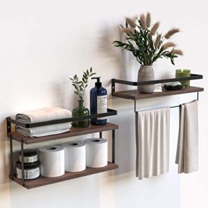 RICHER HOUSE 2+1 Tier Wall Mounted Floating Shelves Set of 2, Rustic Wood Wall Shelf with Metal Frame, Extra Storage Rack for Bathroom, Kitchen, Bedroom with Tissue Rack & Towel Bar - Rustic Brown