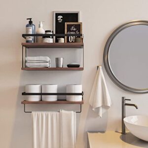 RICHER HOUSE 2+1 Tier Wall Mounted Floating Shelves Set of 2, Rustic Wood Wall Shelf with Metal Frame, Extra Storage Rack for Bathroom, Kitchen, Bedroom with Tissue Rack & Towel Bar - Rustic Brown