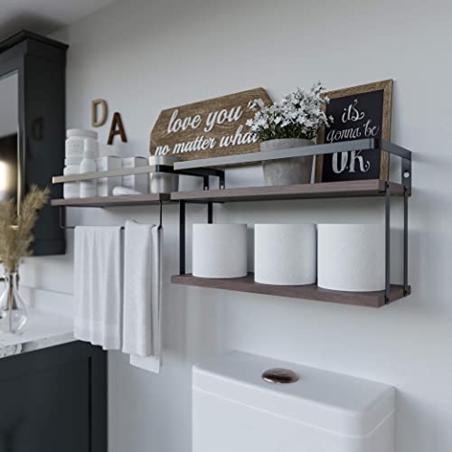 RICHER HOUSE 2+1 Tier Wall Mounted Floating Shelves Set of 2, Rustic Wood Wall Shelf with Metal Frame, Extra Storage Rack for Bathroom, Kitchen, Bedroom with Tissue Rack & Towel Bar - Rustic Brown