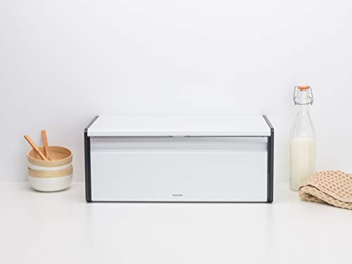 Brabantia Rectangular Fall Front Bread Box (White) Large Front Opening Flat Top Bread Store for Kitchen Counter, Fits 2 Loaves