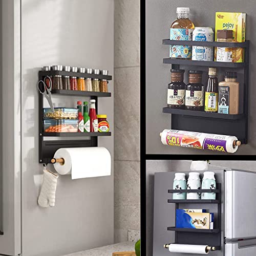 Govetom Magnetic Fridge Organizer, Magnetic Spice Rack for Refrigerator in Kitchen, Strong Magnetic Shelf with Paper Towel Holder,Medium