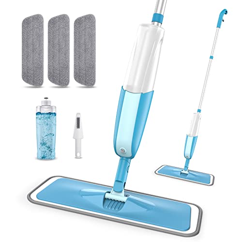 MEXERRIS Microfiber Spray Mop for Floor Cleaning Wet Dry Mop 360 Degree Spin Microfiber Dust Mop Hardwood Floor Mop with 410ML Refillable Bottle Include 3 Microfiber Reusable Pads and 1 Scrubber