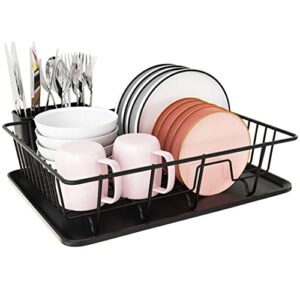 PINNIYOU Dish Drying Rack, Dish Rack with Drainboard and Utensil Holder for Kitchen Counter Cabinet, Black