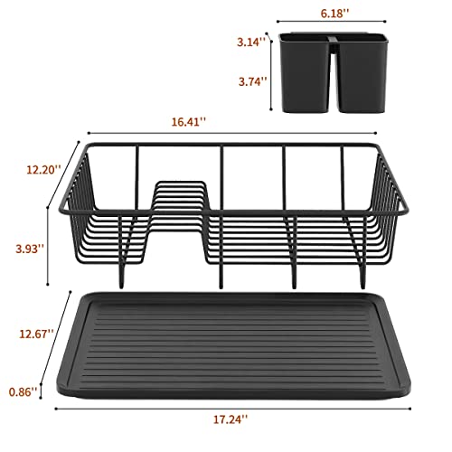 PINNIYOU Dish Drying Rack, Dish Rack with Drainboard and Utensil Holder for Kitchen Counter Cabinet, Black