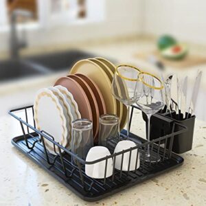 PINNIYOU Dish Drying Rack, Dish Rack with Drainboard and Utensil Holder for Kitchen Counter Cabinet, Black