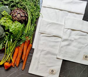 organic cotton vegetable crisper bag – variety set of 3 – simply wet & keep your veggies fresher, longer in refrigerator!