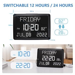 Raynic Digital Clock, 11.5" Large LED Word Display Dimmable Digital Wall Clock,Adjustable Brightness Digital Alarm Clock with Day and Date,Indoor Temperature,Snooze,12/24H,DST for Home, Office,Elderly