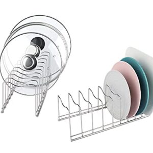 2 Pack HS Ideas Pot Lid Organizer, Kitchen Plate Rack Holder Rest,Pan and Pot Lid Holder for Cutting Boards, Bakeware, Cooling Rack, Serving Trays,Pantry and Cabinet Holder - Silver Finish…
